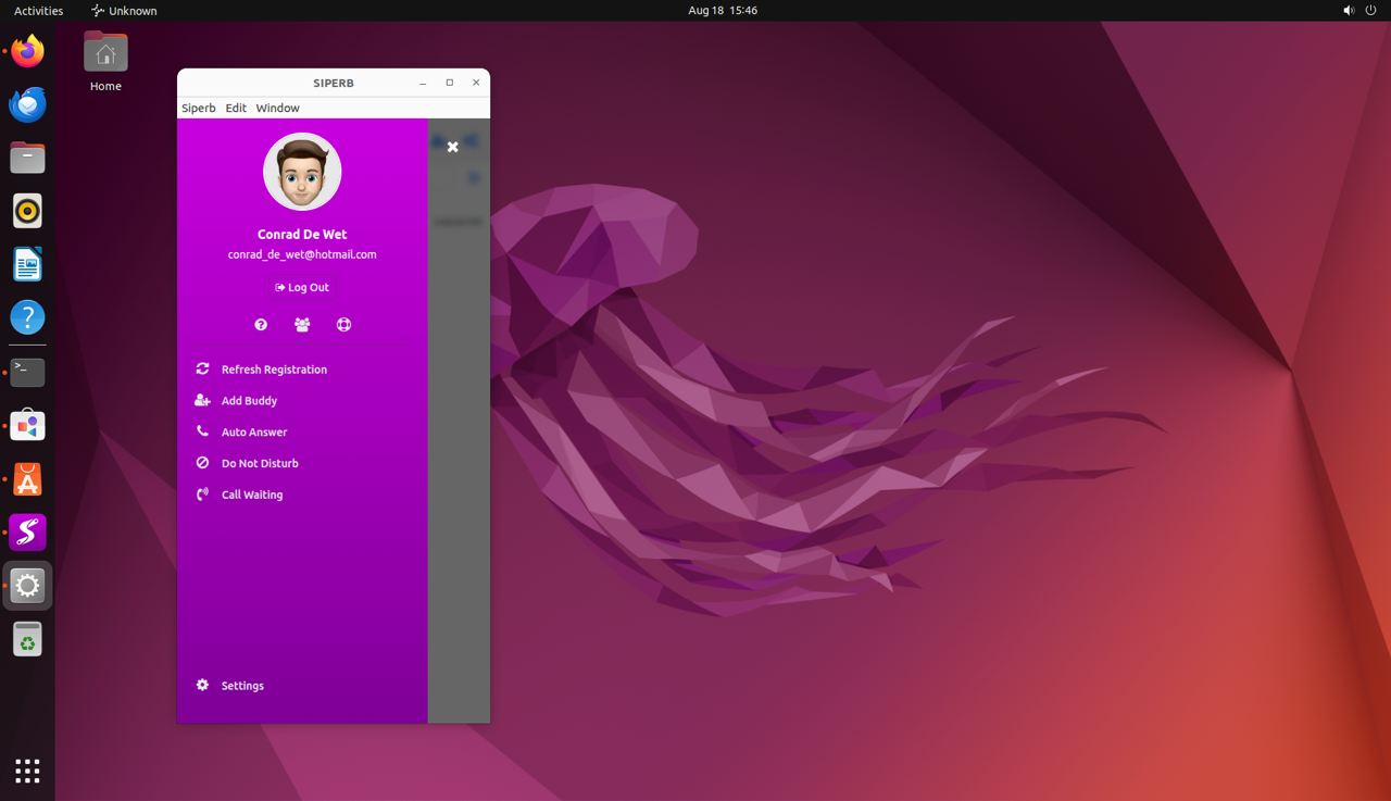 Siperb softphone running as a Linux desktop application