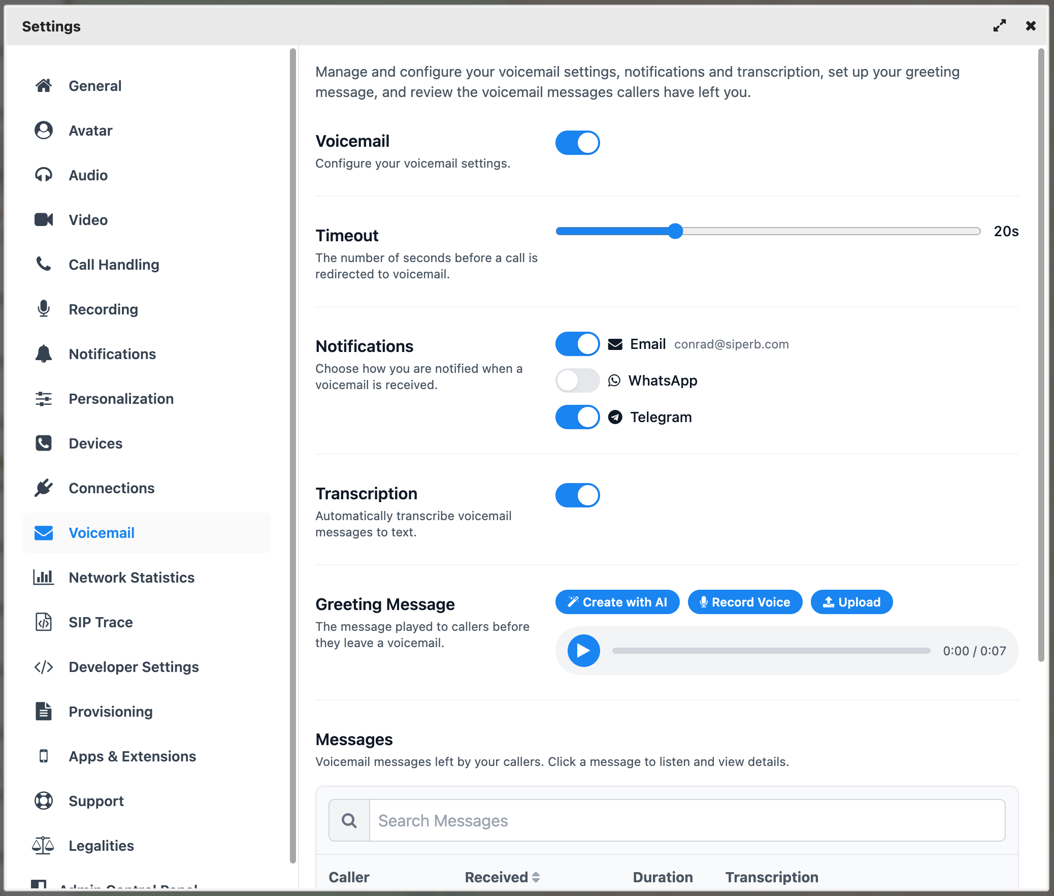 Siperb voicemail settings panel